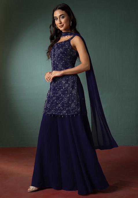 Midnight Blue Sharara Set With Hand Embroidered Short Kurta And Dupatta