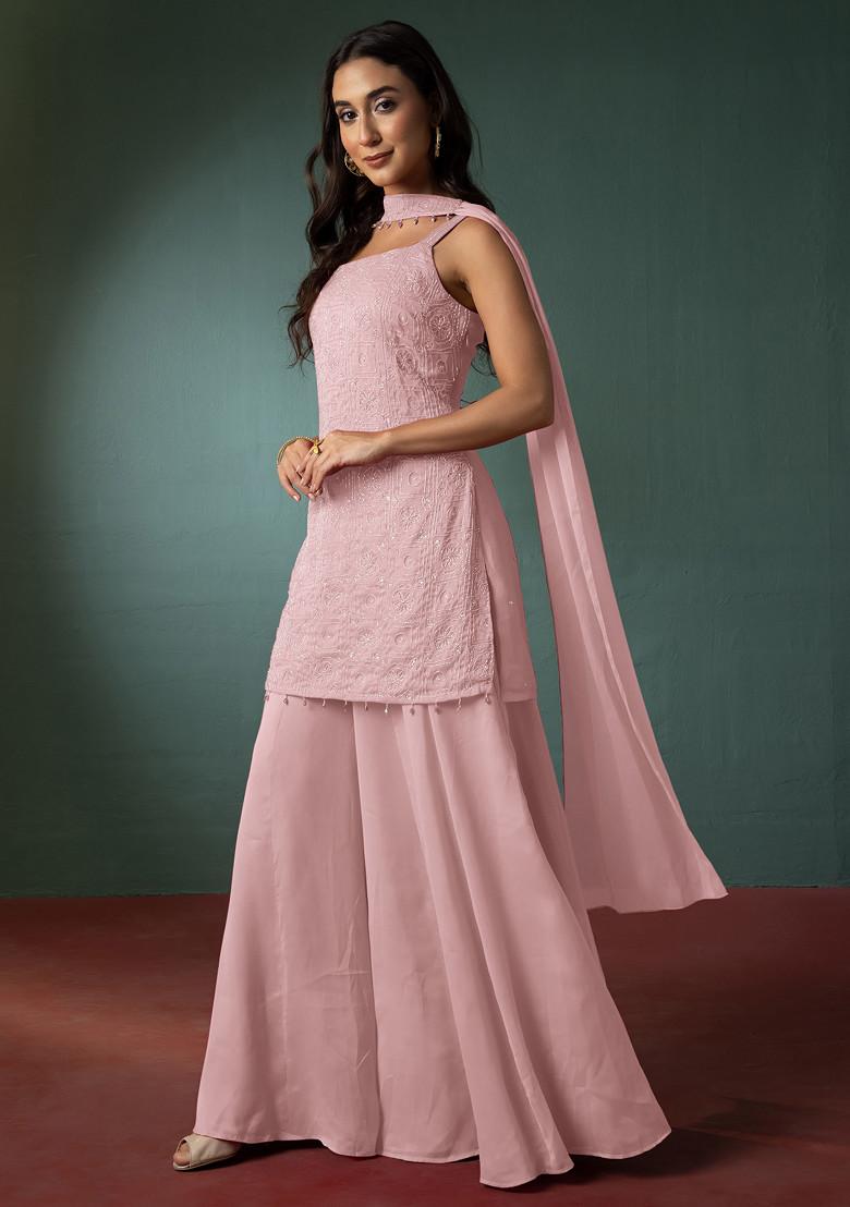 Pastel Pink Sharara Set With Hand Embroidered Short Kurta And Dupatta