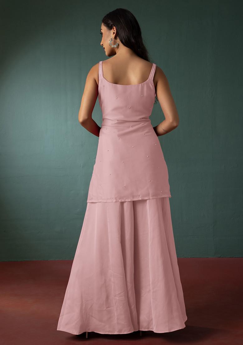 Pastel Pink Sharara Set With Hand Embroidered Short Kurta And Dupatta