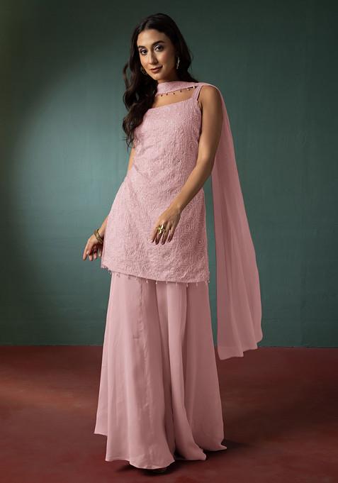 Pastel Pink Sharara Set With Hand Embroidered Short Kurta And Dupatta