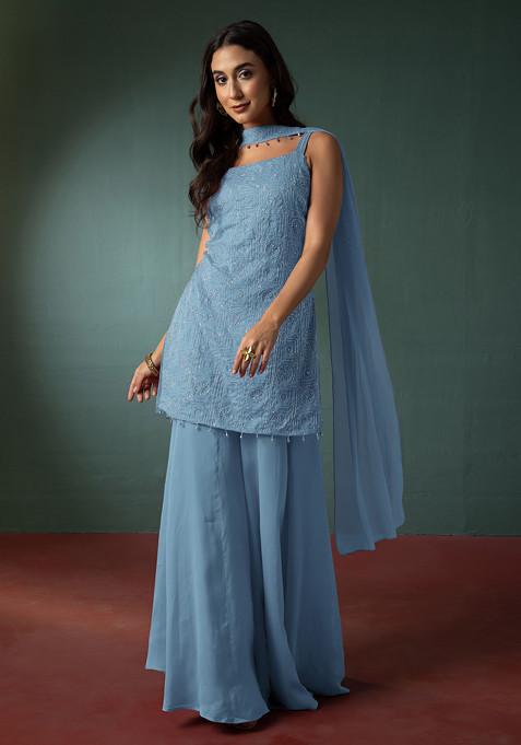 Blue Sharara Set With Hand Embroidered Short Kurta And Dupatta