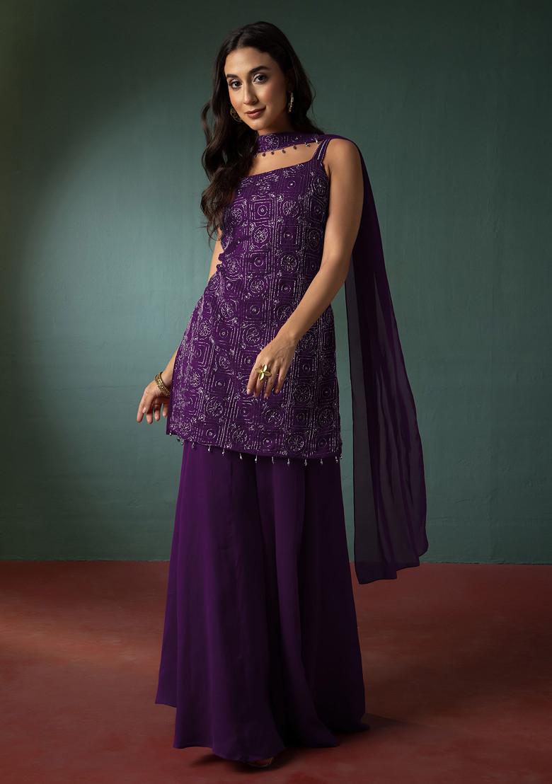 Bright Purple Sharara Set With Hand Embroidered Short Kurta And Dupatta