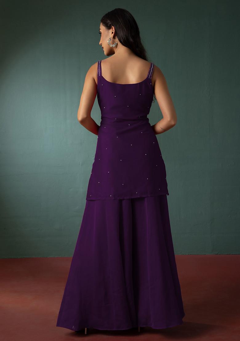 Bright Purple Sharara Set With Hand Embroidered Short Kurta And Dupatta