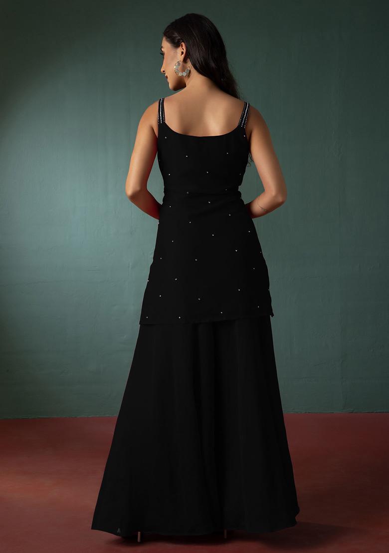 Black Sharara Set With Hand Embroidered Short Kurta And Dupatta