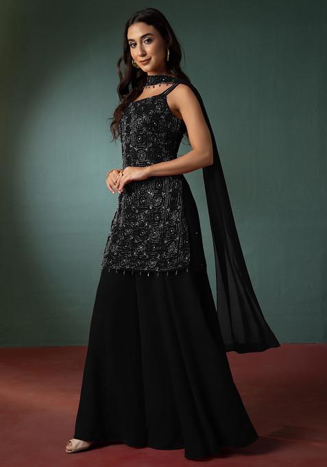 Black Sharara Set With Hand Embroidered Short Kurta And Dupatta