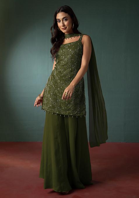 Fern Green Sharara Set With Hand Embroidered Short Kurta And Dupatta