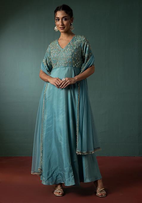 Light Blue Floral Hand Embroidered Anarkali Kurta With Dupatta