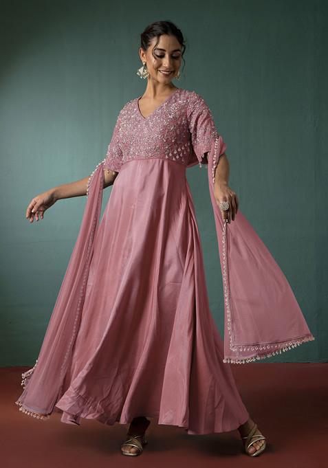 Peach Floral Hand Embroidered Anarkali Kurta With Dupatta