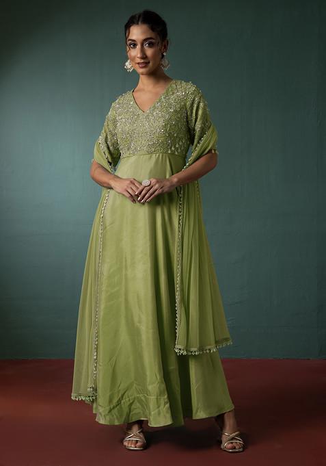 Lime Green Floral Hand Embroidered Anarkali Kurta With Dupatta