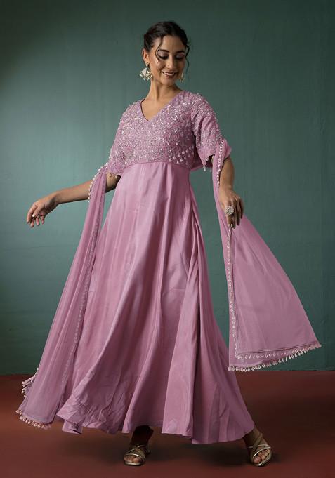 Pink Floral Hand Embroidered Anarkali Kurta With Dupatta