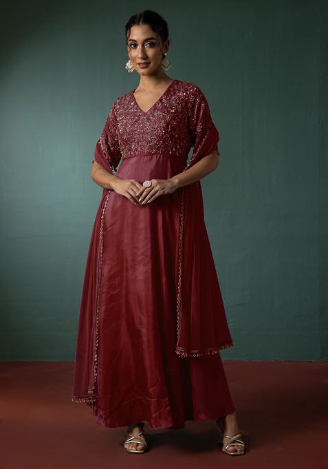 Wine Floral Hand Embroidered Anarkali Kurta With Dupatta