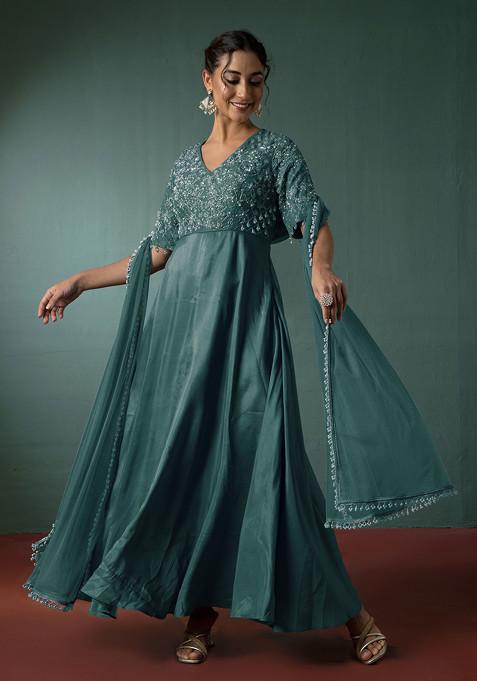 Blue Floral Hand Embroidered Anarkali Kurta With Dupatta