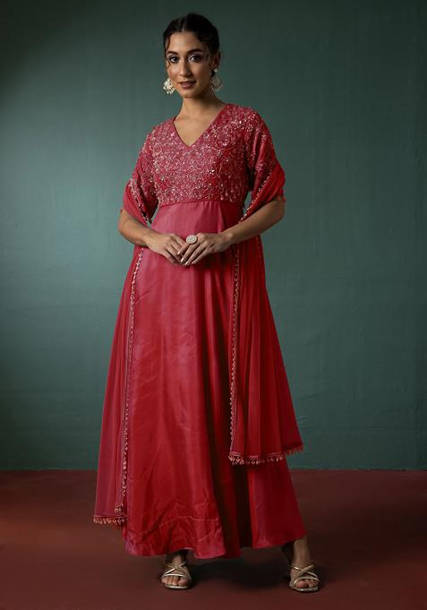 Magenta Floral Hand Embroidered Anarkali Kurta With Dupatta