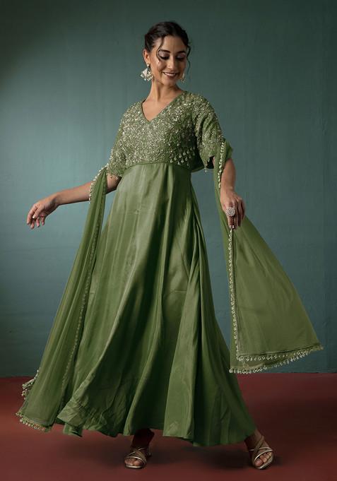 Olive Floral Hand Embroidered Anarkali Kurta With Dupatta