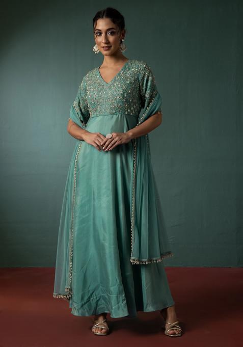 Teal Blue Floral Hand Embroidered Anarkali Kurta With Dupatta