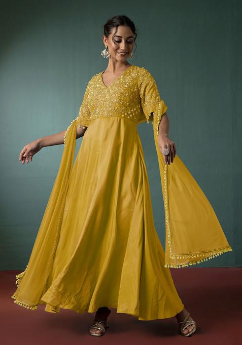 Yellow Floral Hand Embroidered Anarkali Kurta With Dupatta