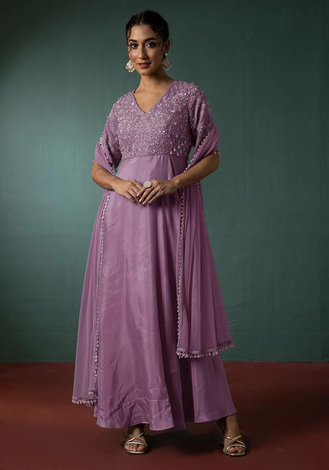 Lavender Floral Hand Embroidered Anarkali Kurta With Dupatta