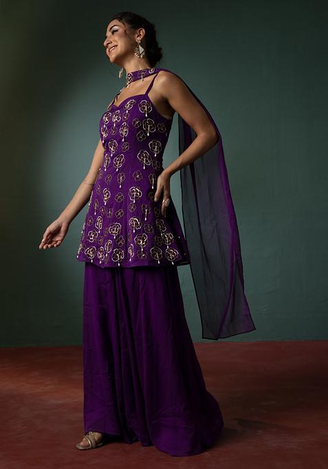 Bright Purple Palazzo Set With Hand Embroidered Short Kurta And Dupatta