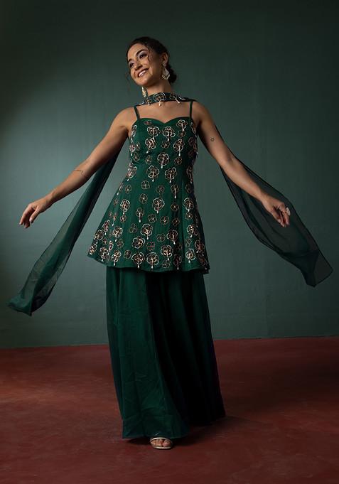 Deep Green Palazzo Set With Hand Embroidered Short Kurta And Dupatta