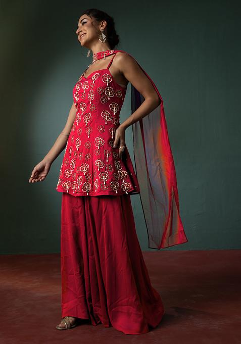 Cerise Pink Palazzo Set With Hand Embroidered Short Kurta And Dupatta