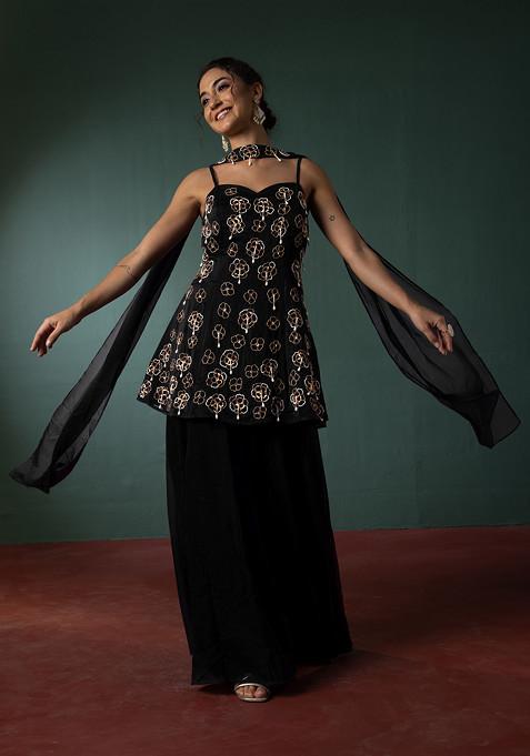 Black Palazzo Set With Hand Embroidered Short Kurta And Dupatta