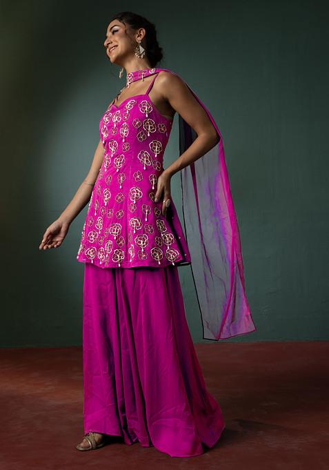 Bubblegum Pink Palazzo Set With Hand Embroidered Short Kurta And Dupatta