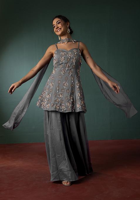 Grey Palazzo Set With Hand Embroidered Short Kurta And Dupatta