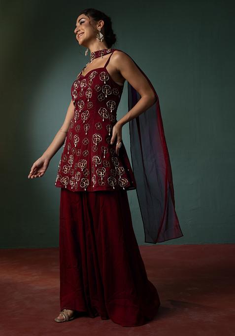 Maroon Palazzo Set With Hand Embroidered Short Kurta And Dupatta