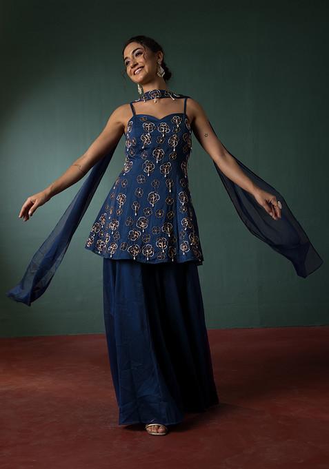 Electric Blue Palazzo Set With Hand Embroidered Short Kurta And Dupatta