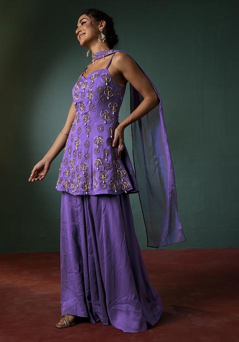 Very Peri Palazzo Set With Hand Embroidered Short Kurta And Dupatta