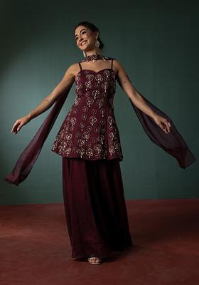 Plum Brown Palazzo Set With Hand Embroidered Short Kurta And Dupatta