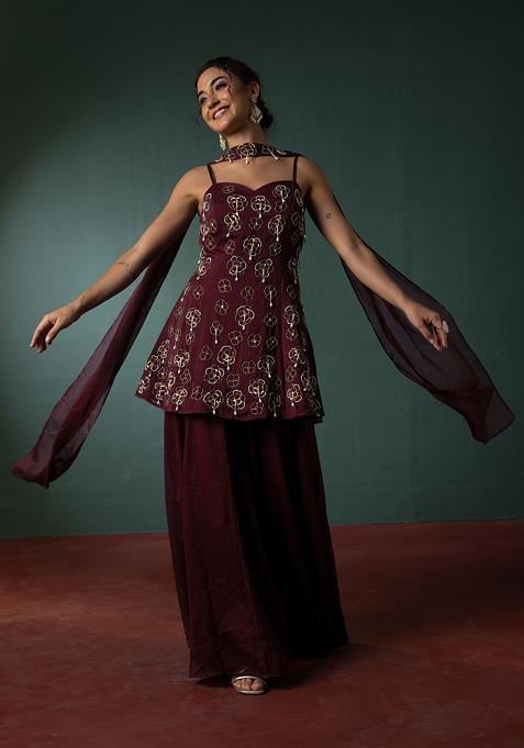 Plum Brown Palazzo Set With Hand Embroidered Short Kurta And Dupatta