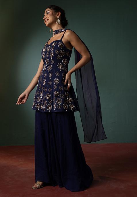 Navy Blue Palazzo Set With Hand Embroidered Short Kurta And Dupatta