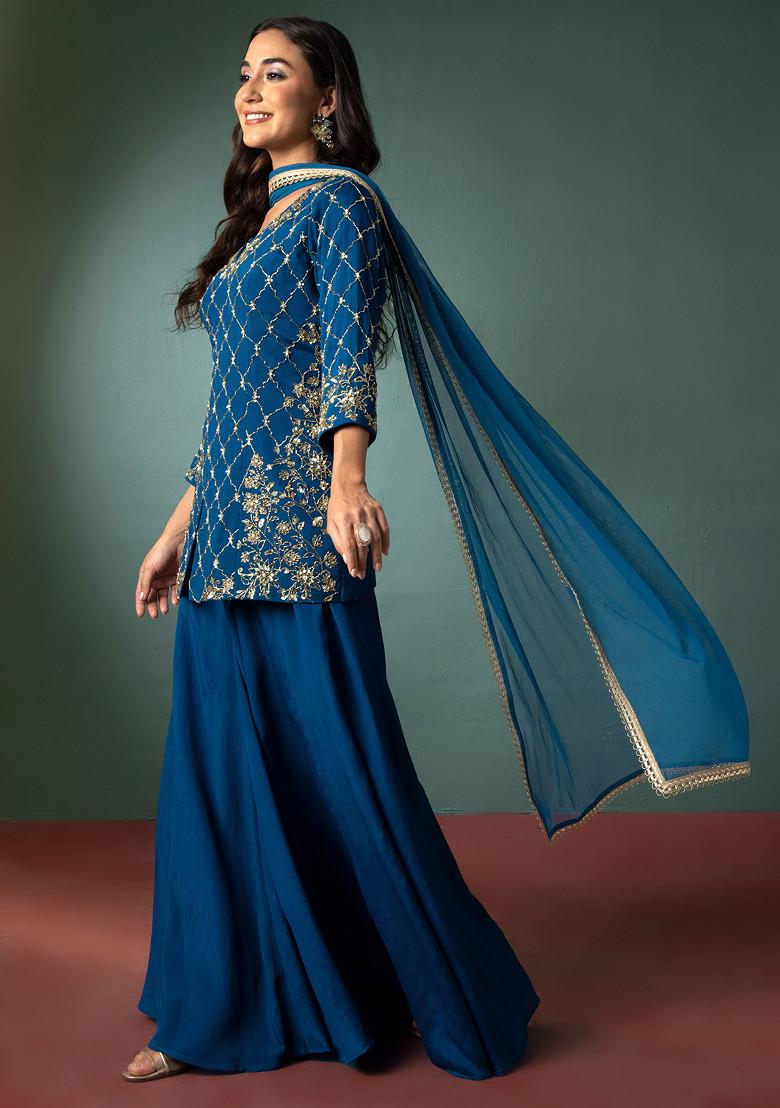 Teal Palazzo Set With Sequin Hand Embroidered Short Kurta And Dupatta