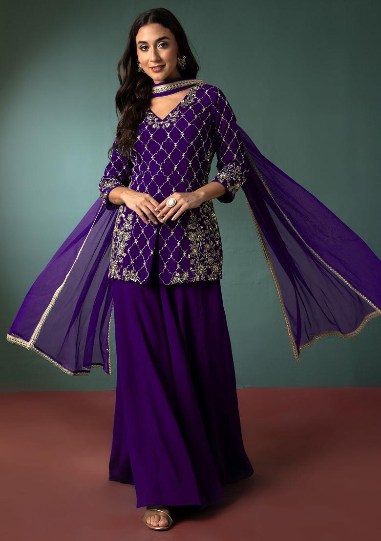 Bright Purple Palazzo Set With Sequin Hand Embroidered Short Kurta And Dupatta