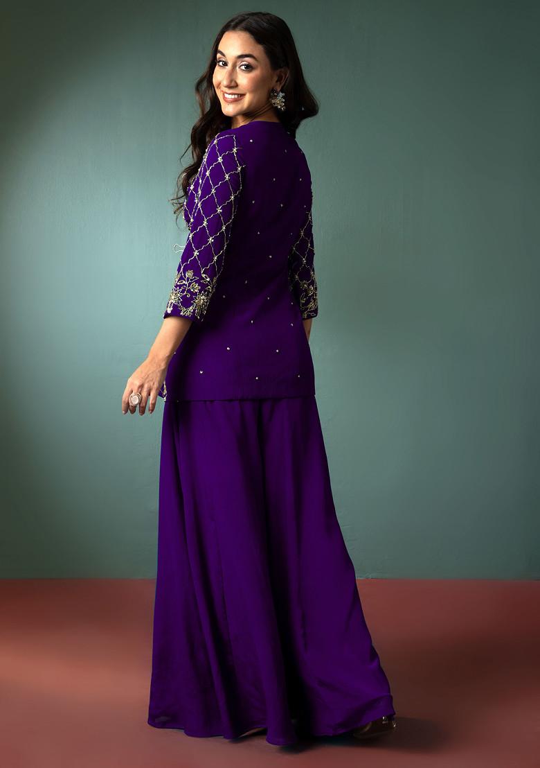 Bright Purple Palazzo Set With Sequin Hand Embroidered Short Kurta And Dupatta