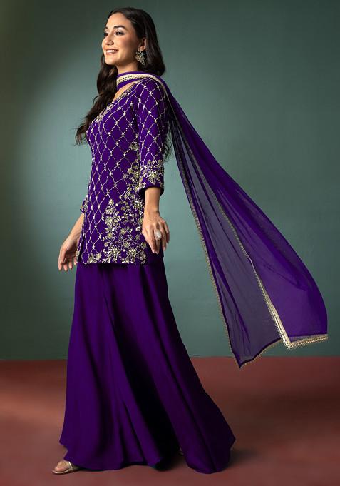 Bright Purple Palazzo Set With Sequin Hand Embroidered Short Kurta And Dupatta