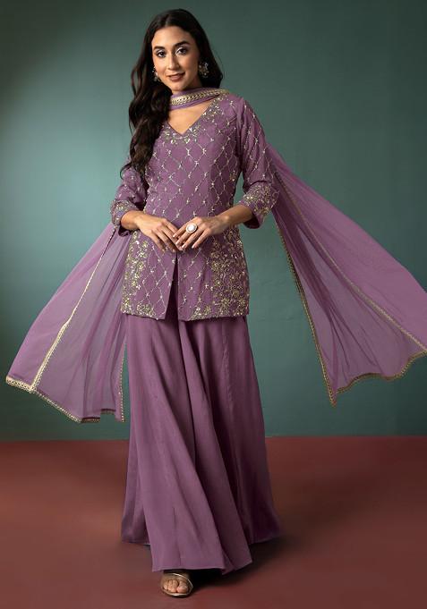 Dark Mauve Palazzo Set With Sequin Hand Embroidered Short Kurta And Dupatta