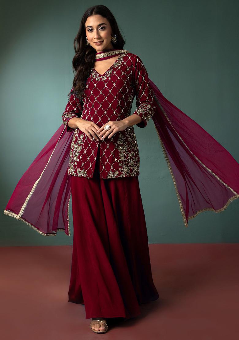 Maroon Palazzo Set With Sequin Hand Embroidered Short Kurta And Dupatta