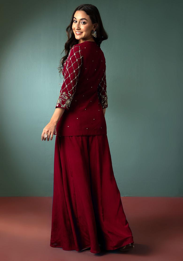 Maroon Palazzo Set With Sequin Hand Embroidered Short Kurta And Dupatta
