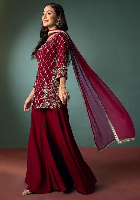 Maroon Palazzo Set With Sequin Hand Embroidered Short Kurta And Dupatta