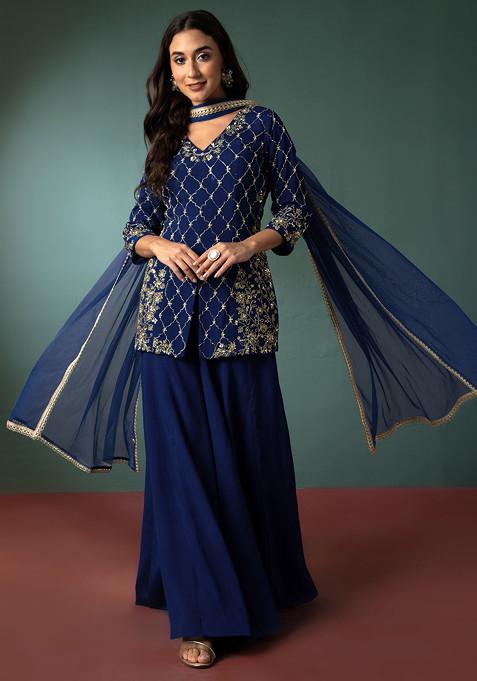 Navy Blue Palazzo Set With Sequin Hand Embroidered Short Kurta And Dupatta