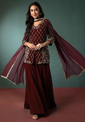 Burgundy Palazzo Set With Sequin Hand Embroidered Short Kurta And Dupatta
