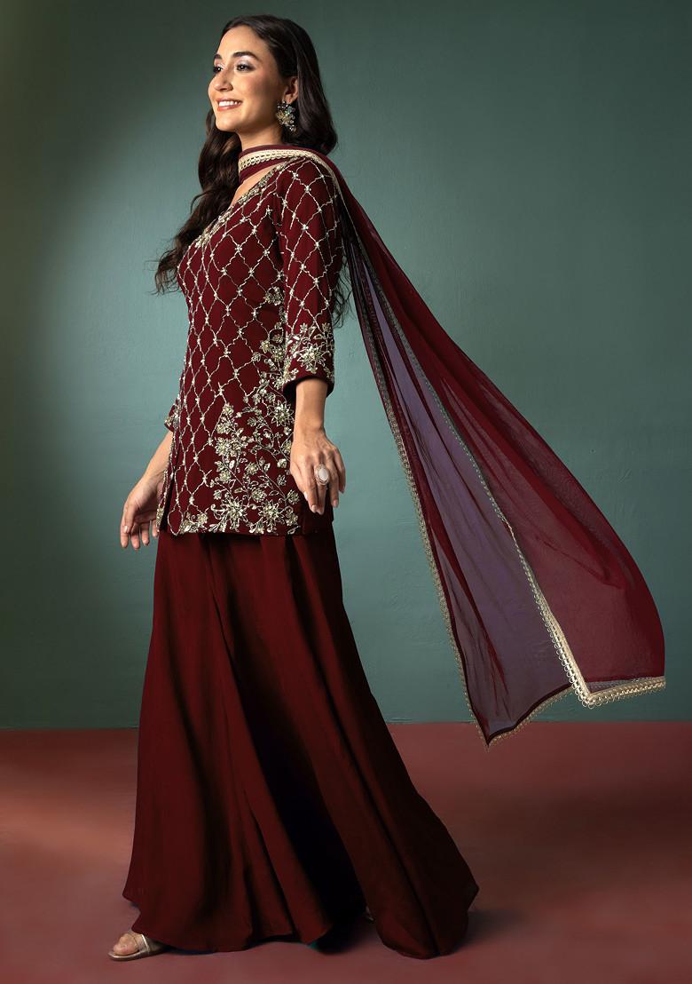 Burgundy Palazzo Set With Sequin Hand Embroidered Short Kurta And Dupatta