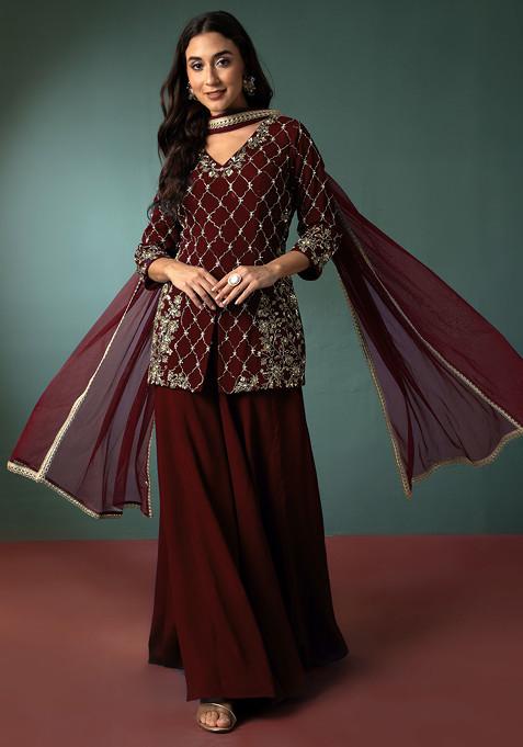 Burgundy Palazzo Set With Sequin Hand Embroidered Short Kurta And Dupatta