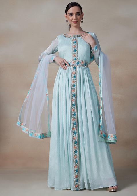 Blue Cutdana Bead Embellished Anarkali Gown With Mesh Dupatta And Belt