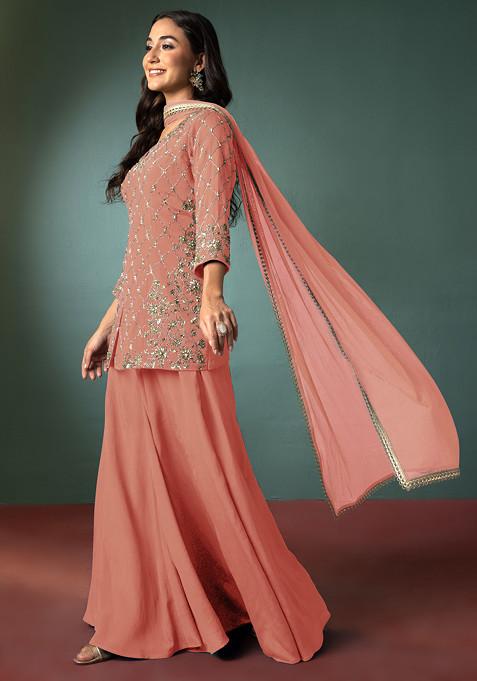 Peach Palazzo Set With Sequin Hand Embroidered Short Kurta And Dupatta