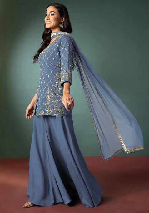 Grey Palazzo Set With Sequin Hand Embroidered Short Kurta And Dupatta