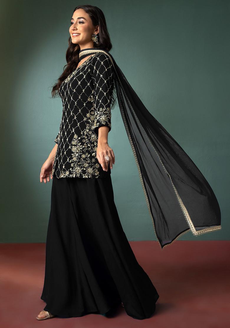 Black Palazzo Set With Sequin Hand Embroidered Short Kurta And Dupatta
