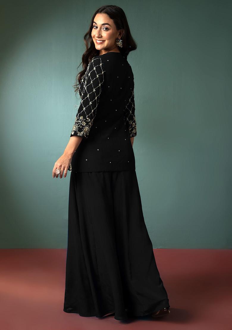 Black Palazzo Set With Sequin Hand Embroidered Short Kurta And Dupatta